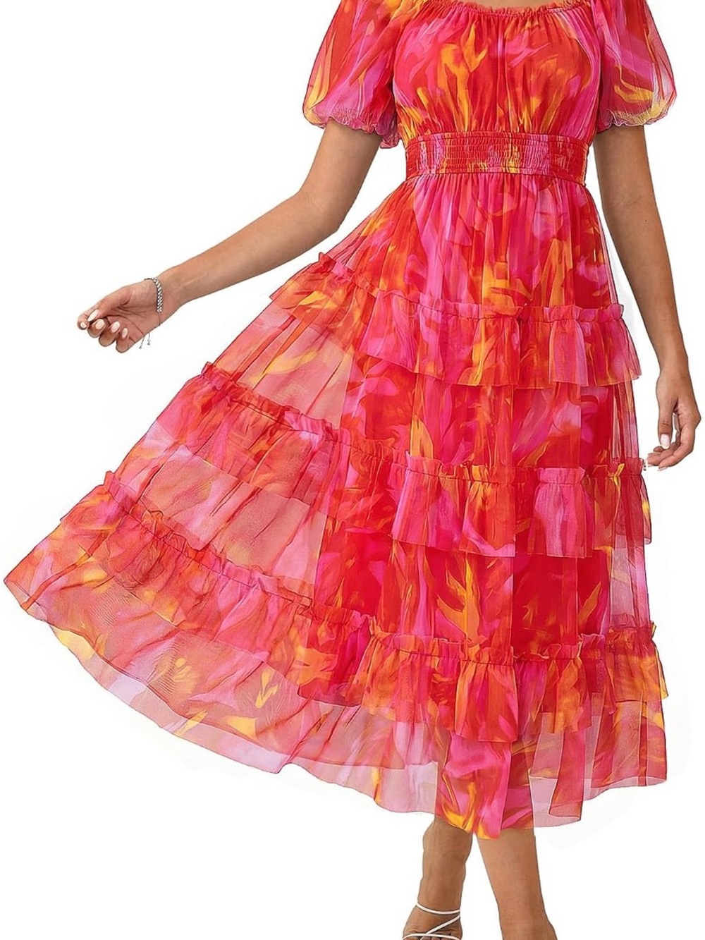 GRACE KARIN 2026 Summer Semi-Formal Dress | 2XL | Red Orange Puff Sleeve Midi